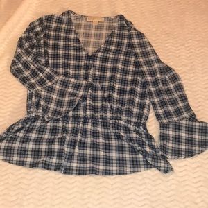 Michael Kors Blue Plaid Peplum Blouse